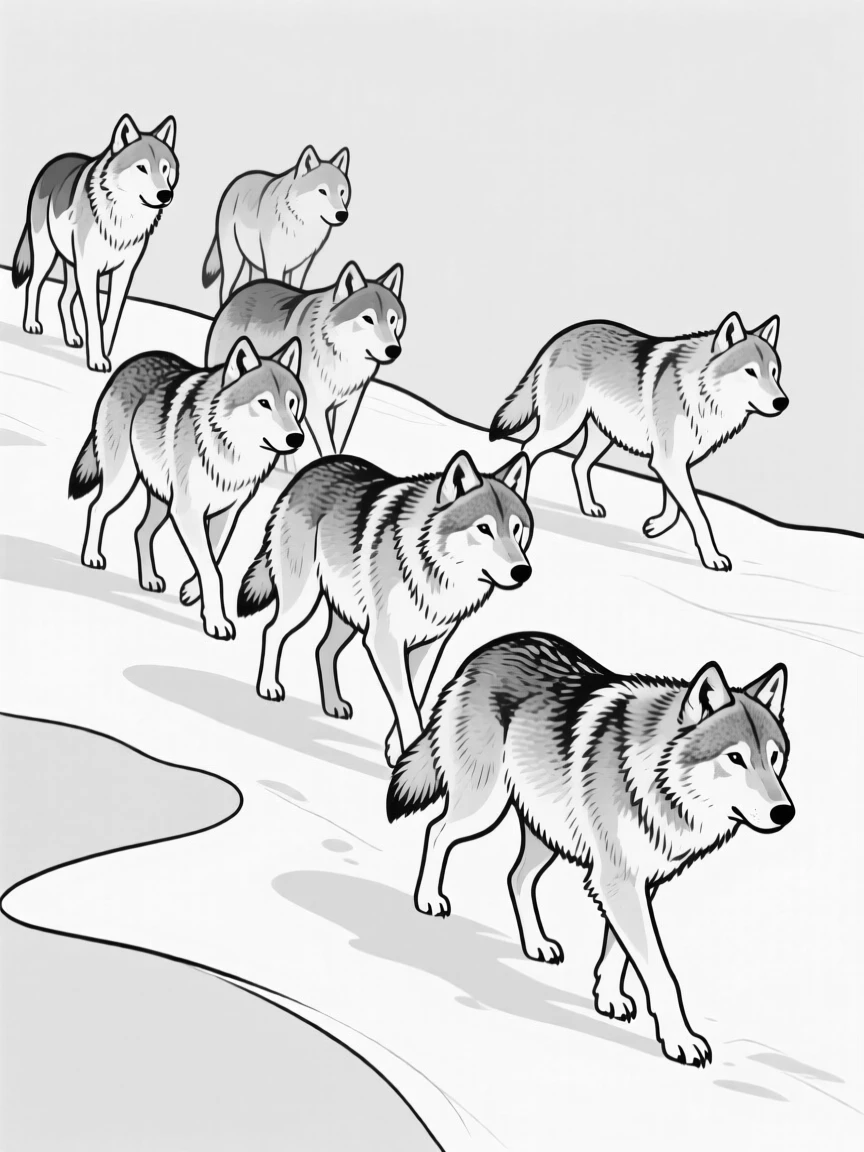 A pack of arctic wolves walking across snowdrift