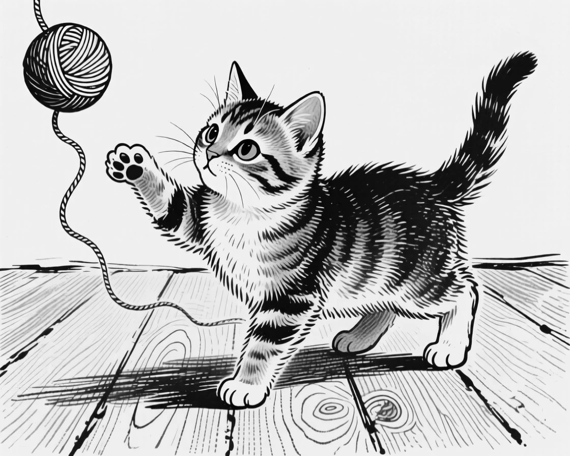 A curious kitten batting at a dangling ball of yarn on a wooden floor.