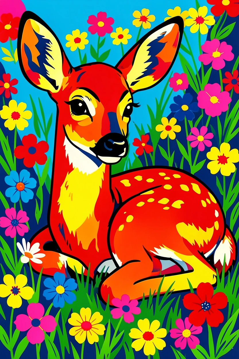 Fawn resting in a bed of wildflowers