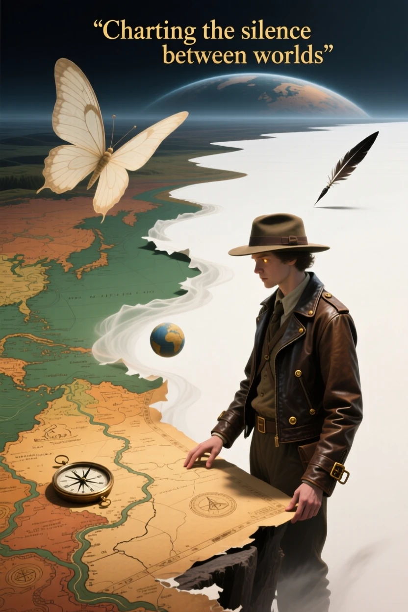 An explorer standing at the edge of a map that fades into blank paper works calmly, absorbed entirely in a quiet, private moment, as everything around them holds still in quiet reverence.
