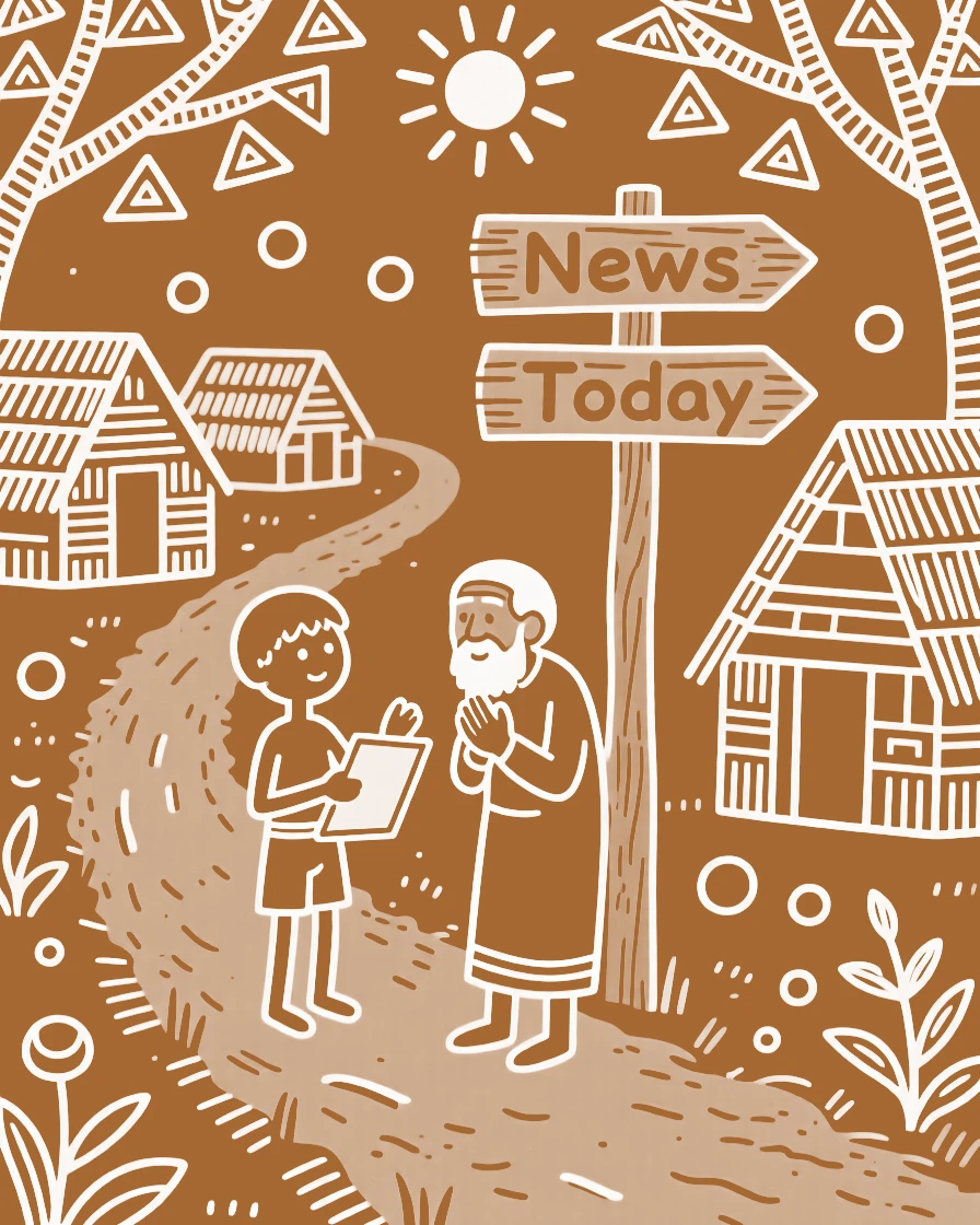 A young apprentice sharing news of the day along a dirt path lined with huts.
