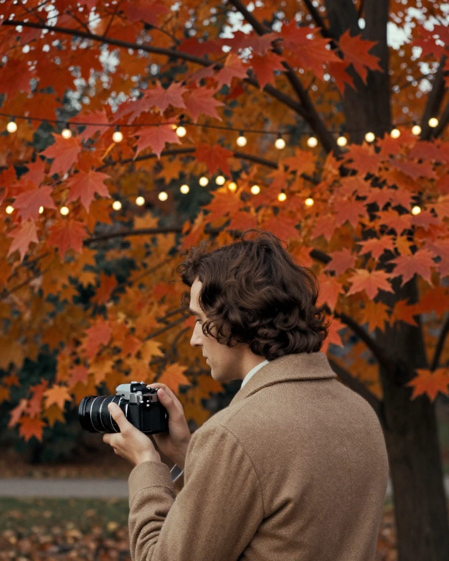 A canopy of autumn leaves in fiery reds and oranges overhead, under strings of warm string lights, in still, windless air, as summer fades into fall, in earthy terracotta and ochre shades, over the shoulder of the main subject.