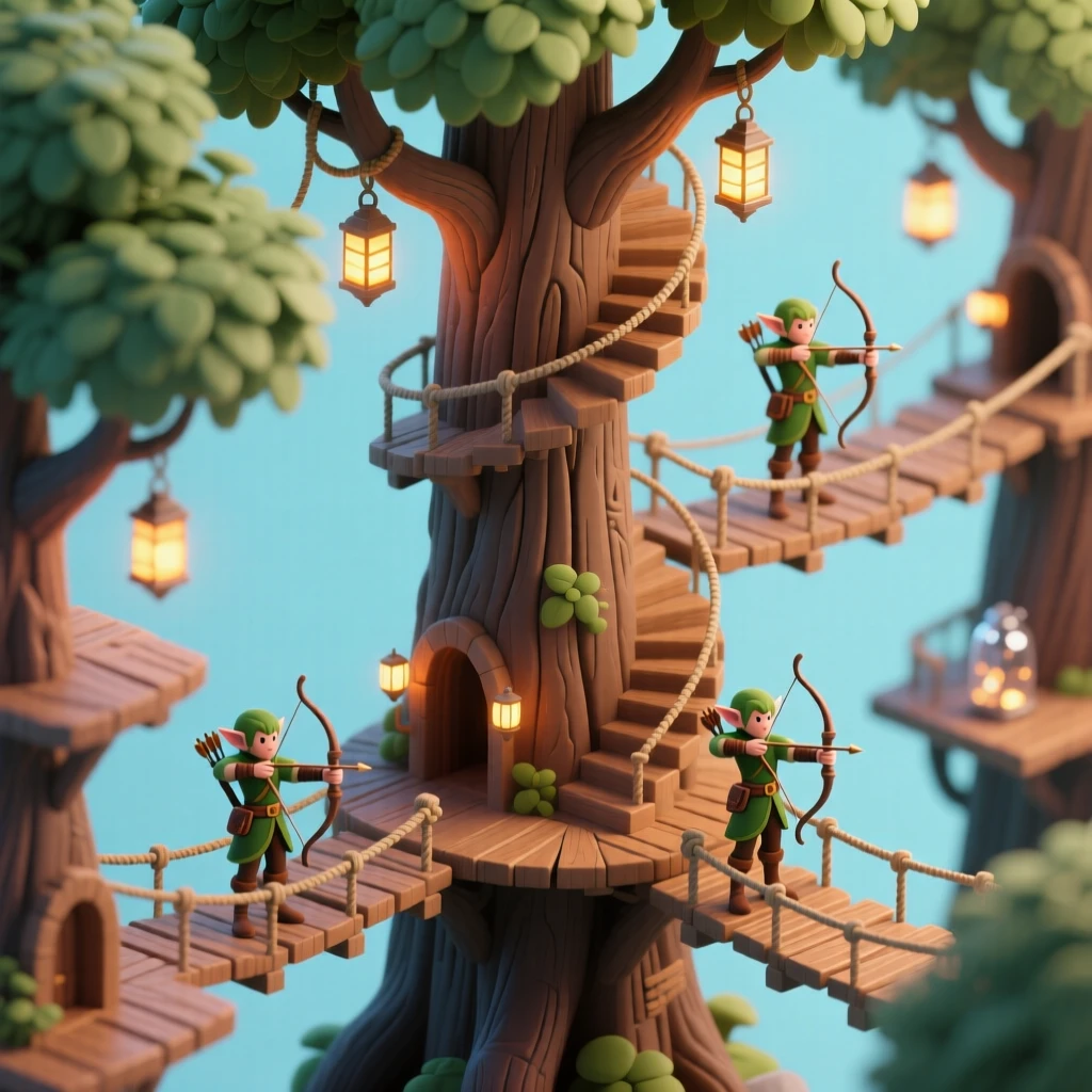 A treetop elven city connecting ancient trees with spiral staircases and rope bridges, lanterns glowing among the leaves, and archers standing guard on wooden platforms.
