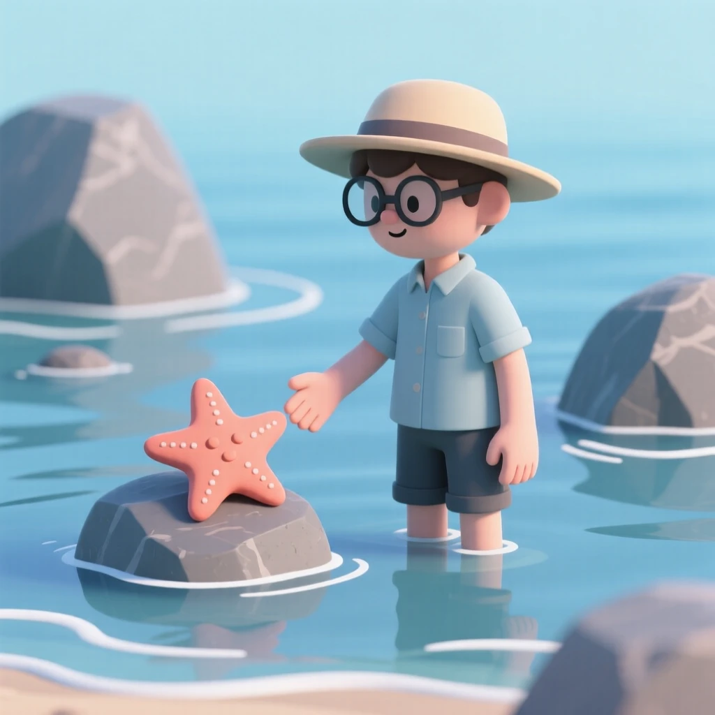 A young marine biologist examines a starfish in a shallow tide pool, waves gently lapping against smooth rocks.