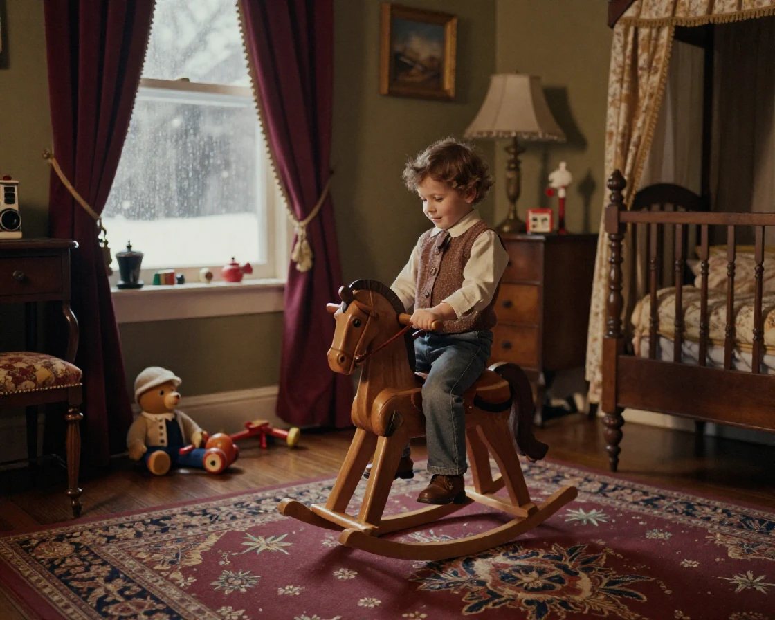 A child riding a wooden rocking horse in a sunlit nursery, in low lamplight, under a light drizzle, in the depths of winter, with rich burgundy and gold accents, from a three-quarter angle.