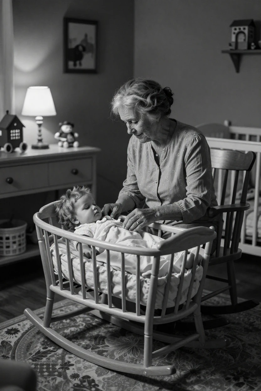 A grandmother hums a lullaby while rocking a cradle in a dimly lit nursery.