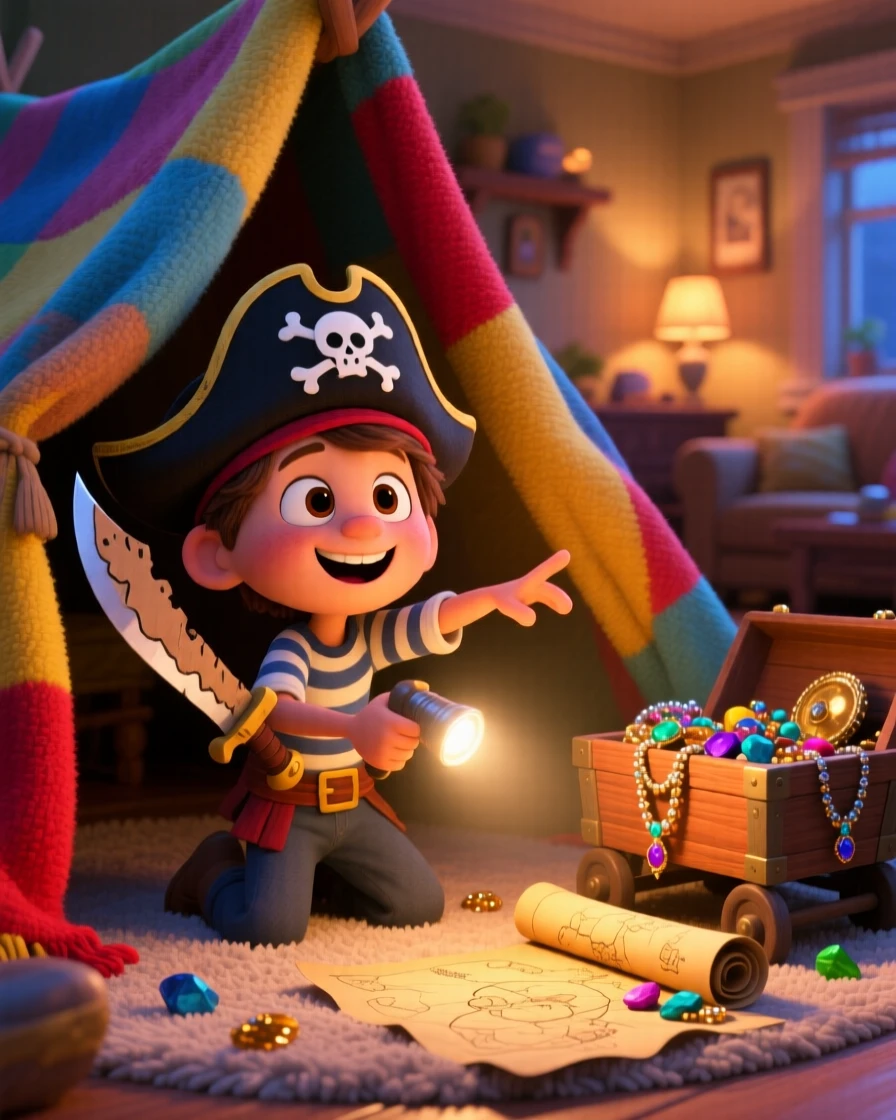 A kid pretending to be a pirate captain takes place inside a blanket fort glowing with a flashlight, with a wagon full of collected treasures nearby. The mood is playful, curious, and full of imagination.