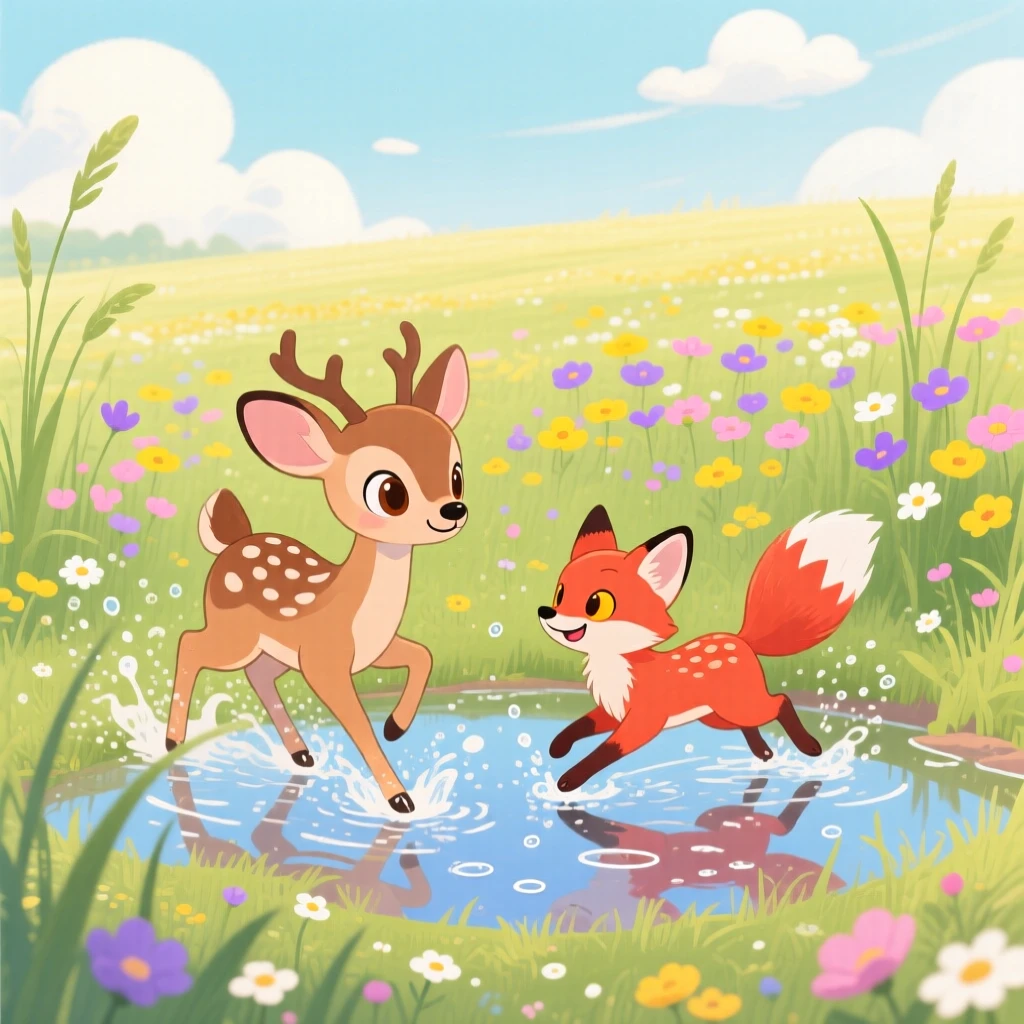 Near a field of wildflowers, a young deer is splashing through puddles alongside a small woodland friend, as soft clouds drift overhead.