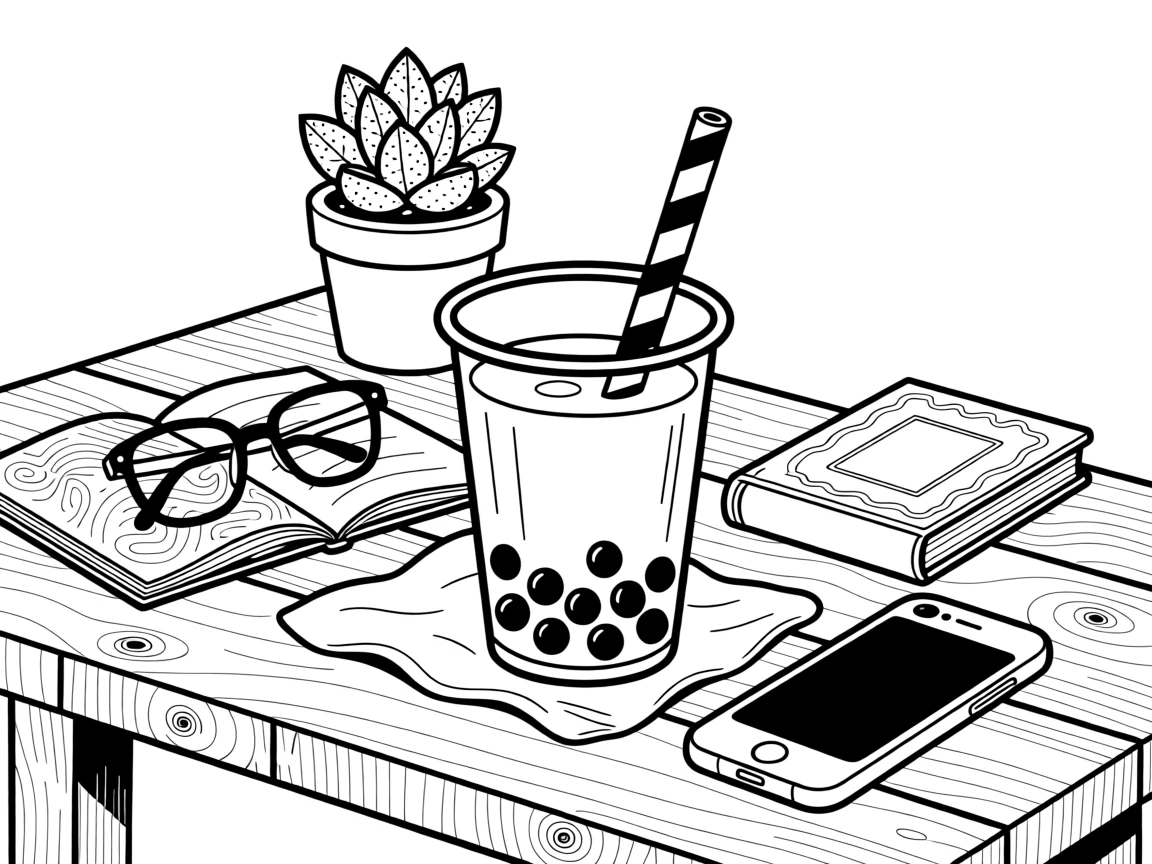 A boba tea with a striped straw and tapioca pearls, arranged on a rustic wooden table.
