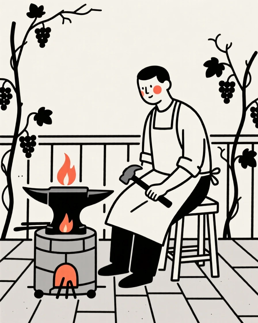 A blacksmith of irish heritage at the forge, resting in calm stillness, on a vineyard terrace.