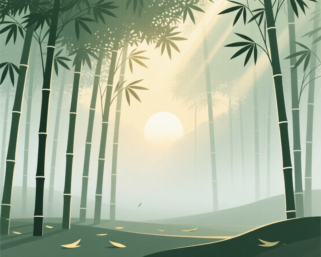 A misty bamboo grove at sunrise with soft light filtering through the dense canopy.