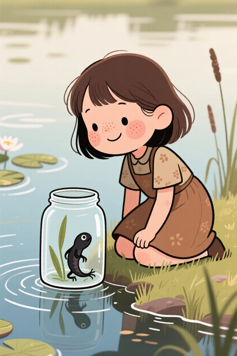 A curious young girl kneels beside a tadpole in a jar in the edge of a pond, watching intently as it inches along a blade of grass.