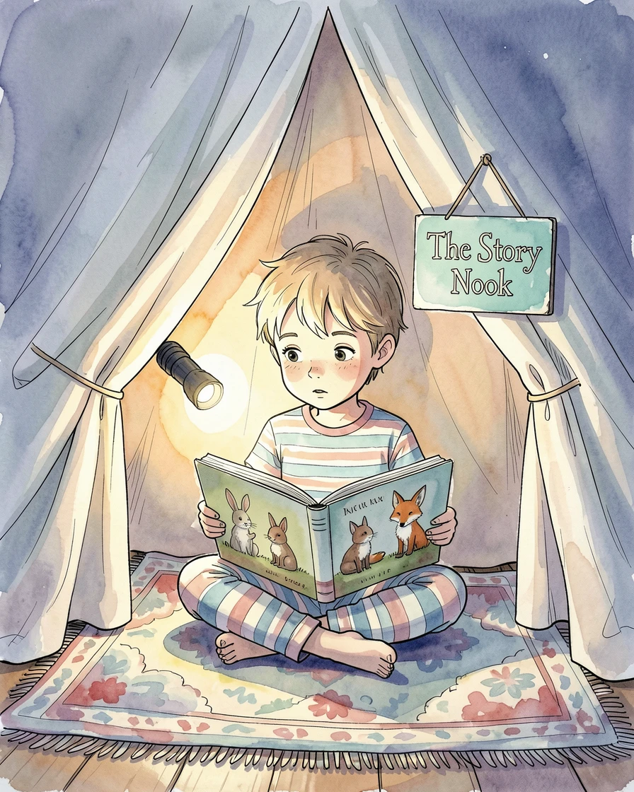 A child reading a picture book by flashlight inside a blanket fort at bedtime