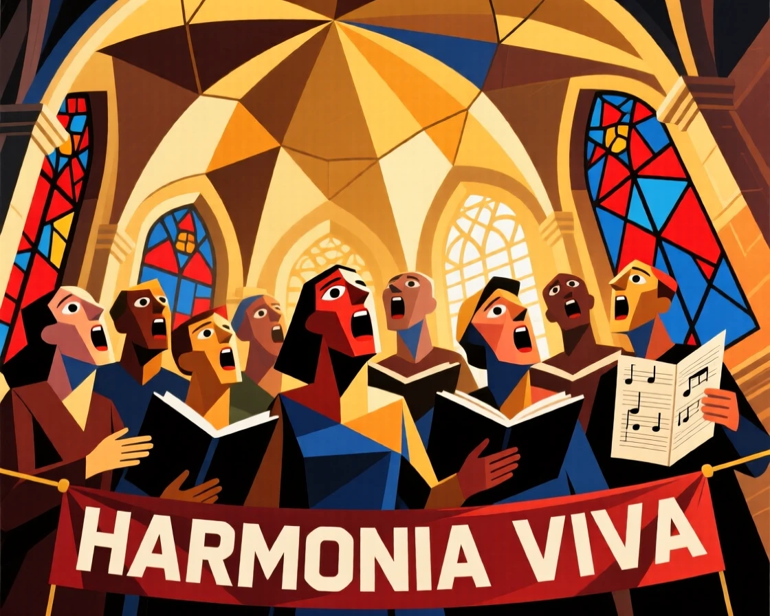 An energetic scene of a choir singing beneath a cathedral dome, captured at golden hour.