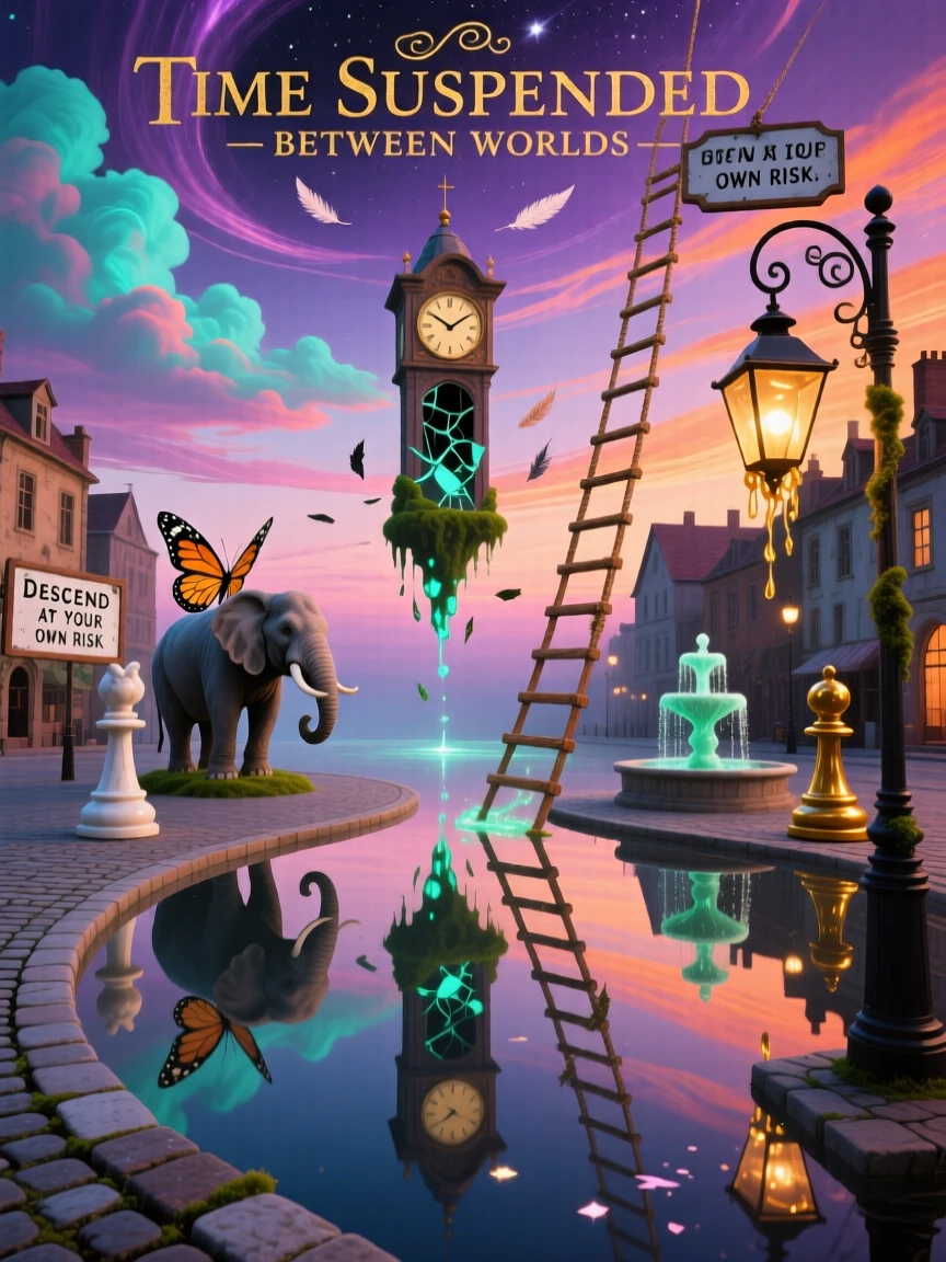 A town square that floats gently above its own reflection hangs suspended between two identical skies, as a rope ladder dangles into empty space below.
