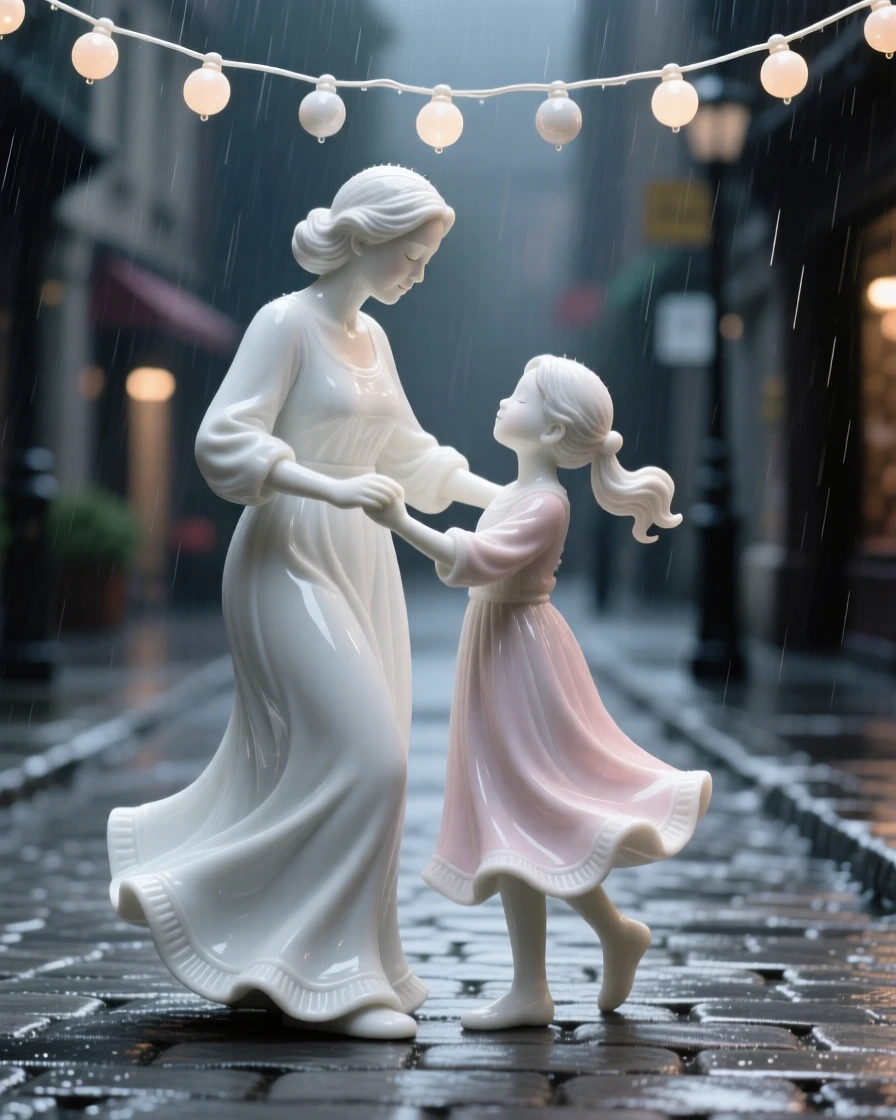 A tender scene of a mother and daughter dancing slowly beneath string lights in a rain-kissed city street, her eyes closed in peaceful reflection.