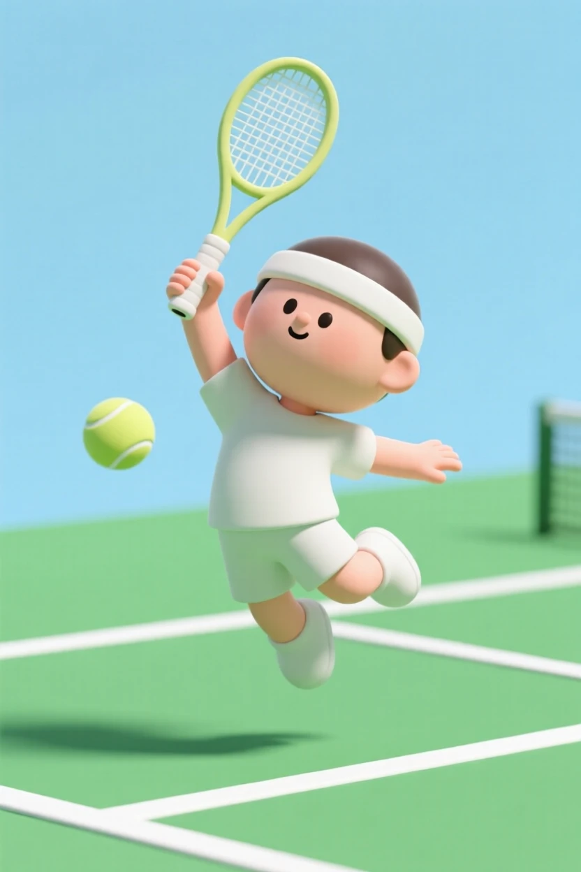 A determined tennis player leaps to strike a soaring ball, racket raised high on a bright green court.