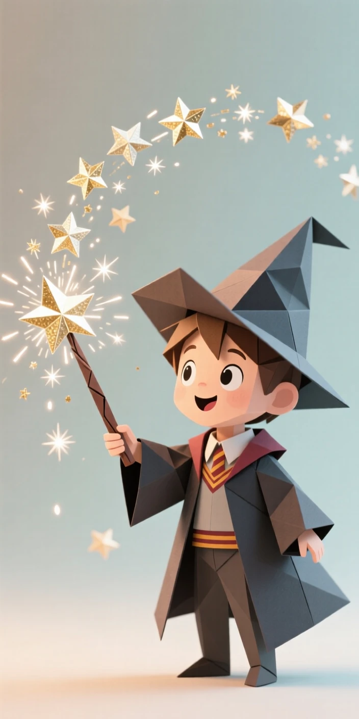 A young wizard casting a small shower of sparkles from a wand for the first time, look of delighted surprise.