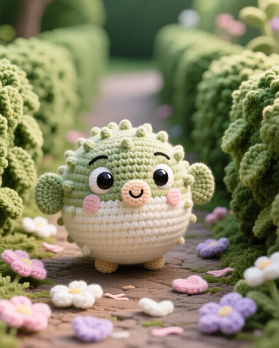 A heartwarming close-up of a round baby pufferfish, with small spines and big round eyes, puffing up slightly in surprise in a quiet garden path lined with hedges; a scattering of soft flower petals completes the scene, radiating a tender, sleepy softness.