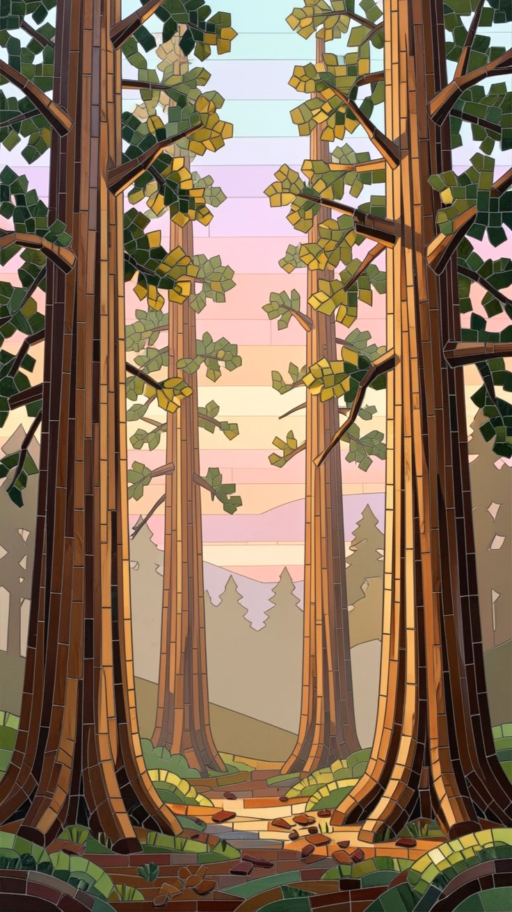 An ancient sequoia forest with towering trees and soft filtered light, beneath a sky painted in pastel sunrise hues.