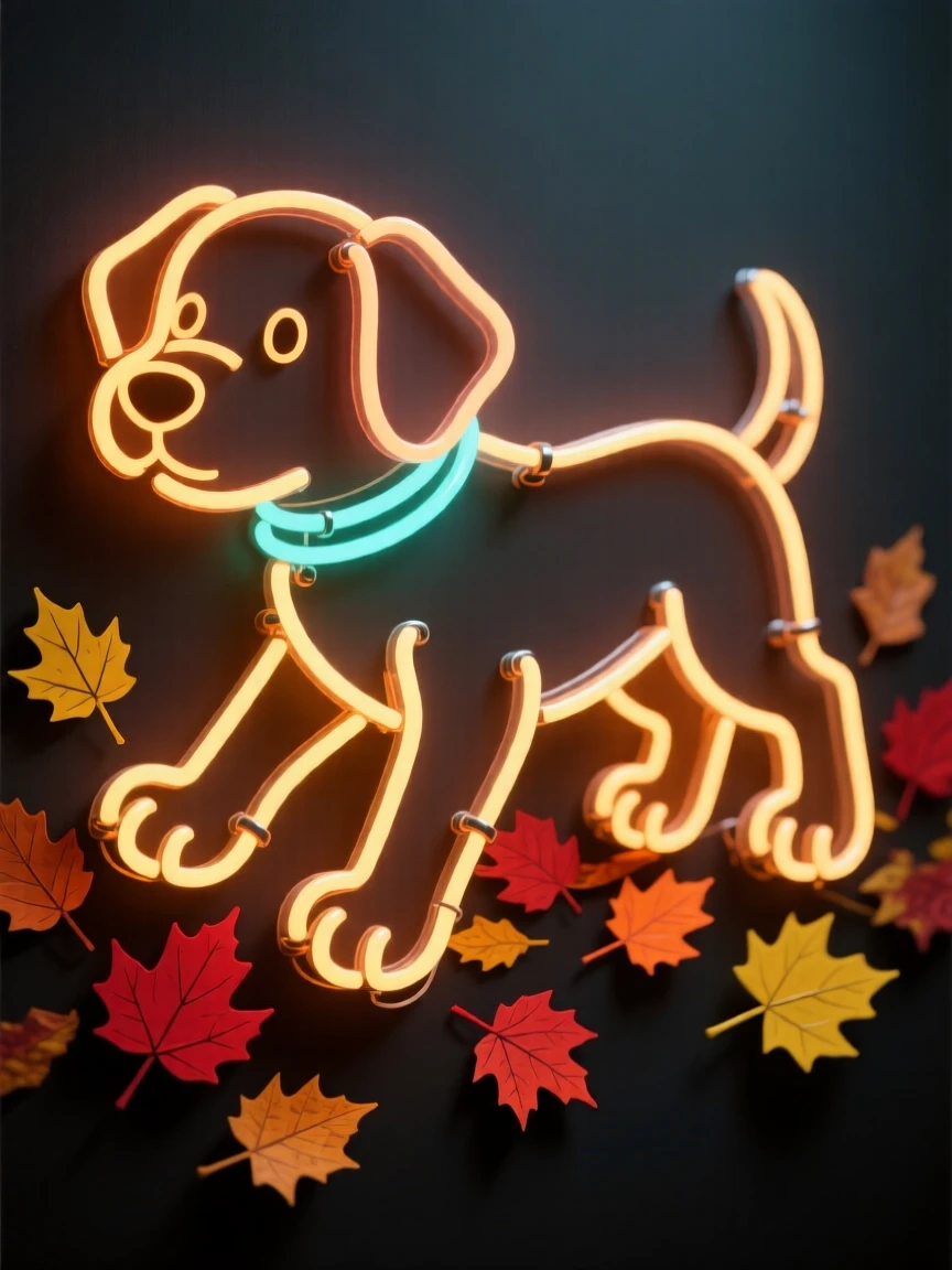 A puppy with oversized paws stumbling through fallen leaves.