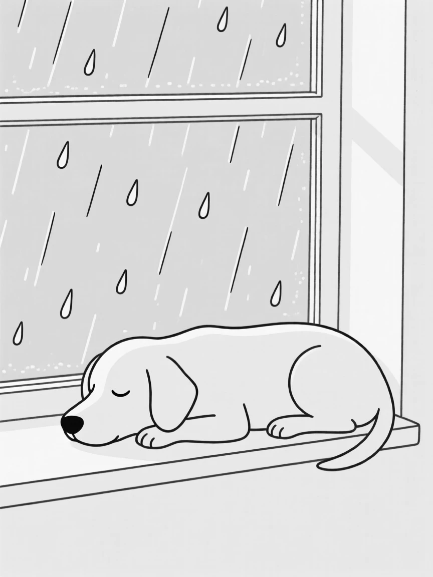 A dog resting its head on a windowsill watching rain fall