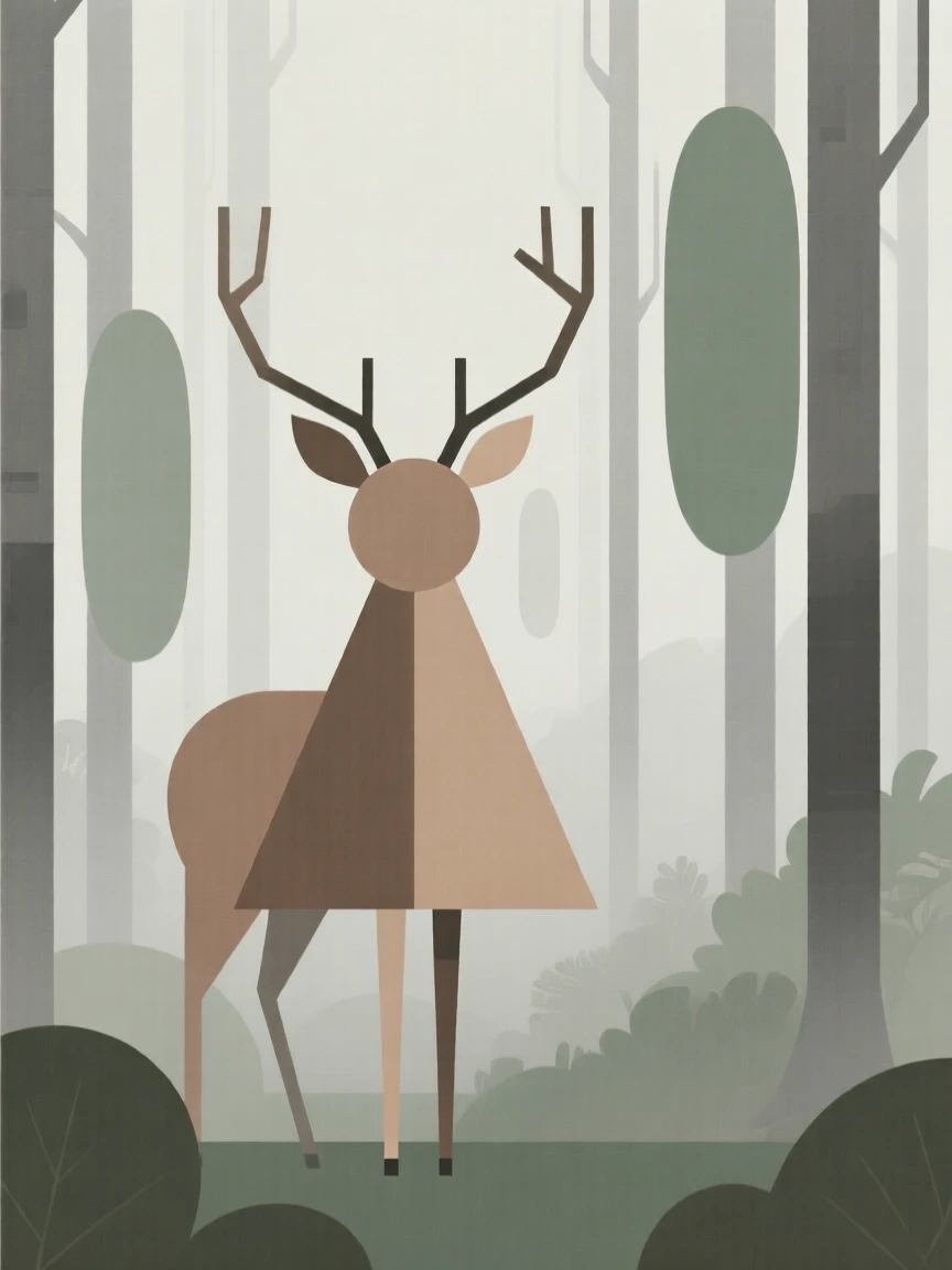 A deer standing quietly in a misty forest