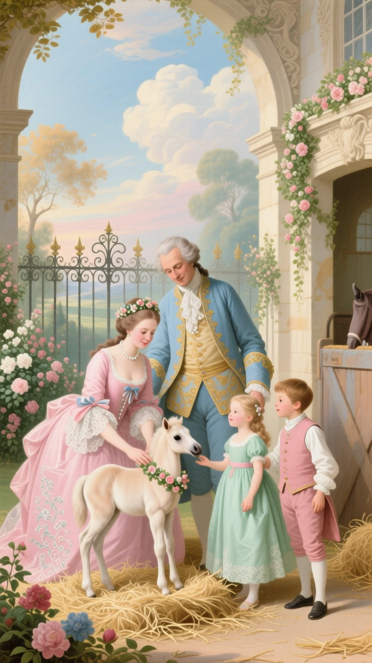 A royal family gathered around a new foal in the stable courtyard  
