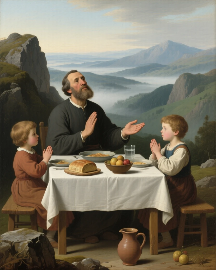 A father teaching his children to give thanks before a simple meal as light seems to answer a silent prayer, set atop a remote mountain overlooking an endless valley, with open hands extended in a gesture of blessing or gratitude; quiet, uncluttered space allows the emotional core room to breathe, capturing a timeless moment of grace and gratitude.