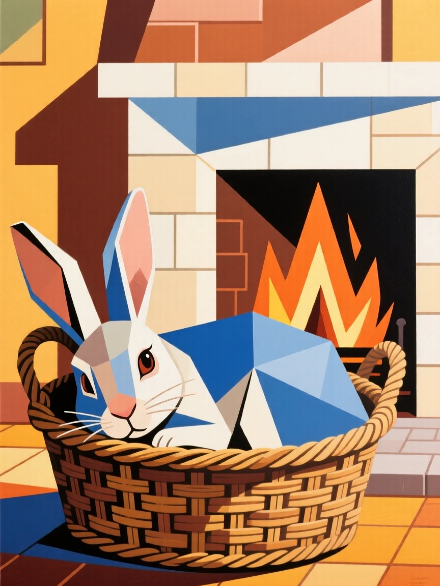 A charming close-up of a curious rabbit napping in a wicker basket by the fireplace on a bright afternoon.
