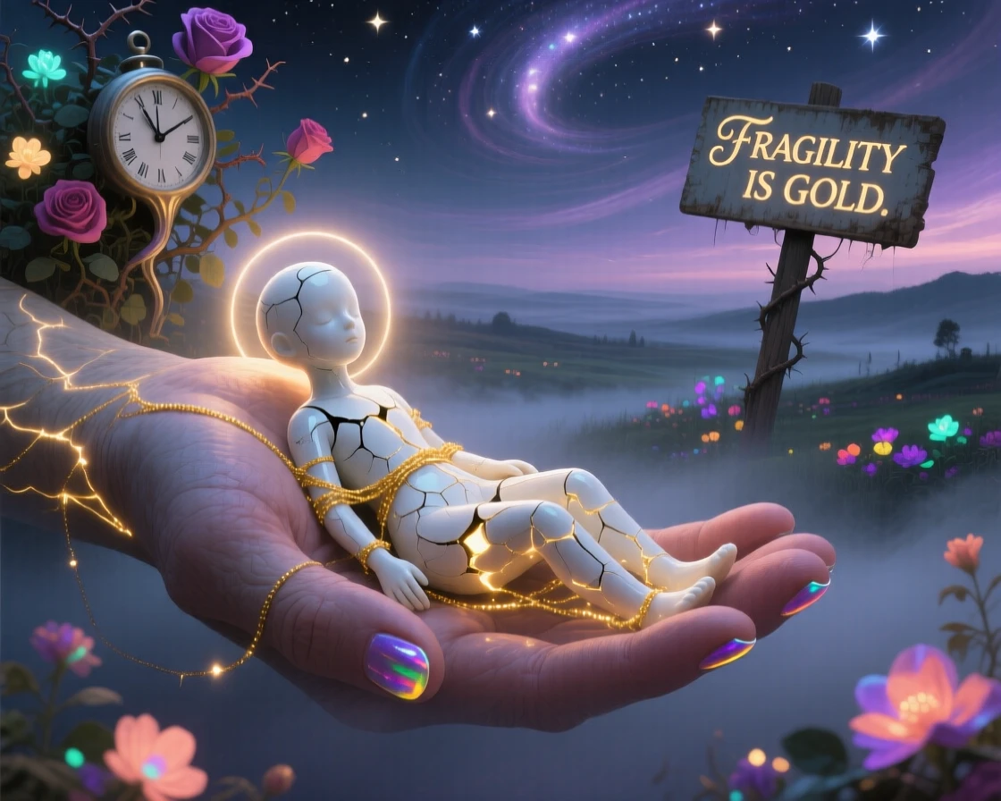 A figure made of cracked porcelain held together by golden thread rests gently in the palm of an outstretched hand, while soft light gathers gently around its edges.
