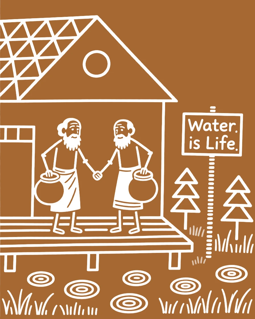 A grandfather helping each other carry water home on the veranda of a small house.