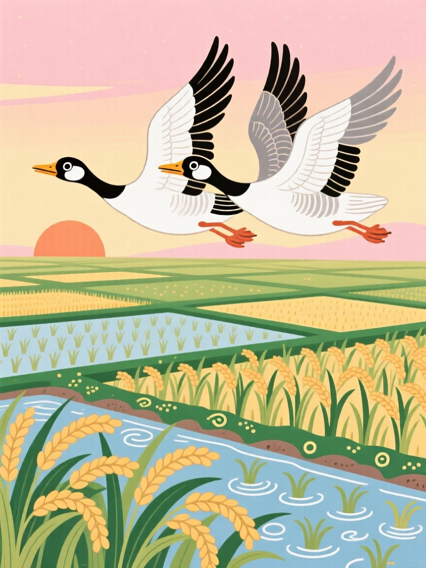 A pair of wild geese gliding together among rice paddies at dawn.