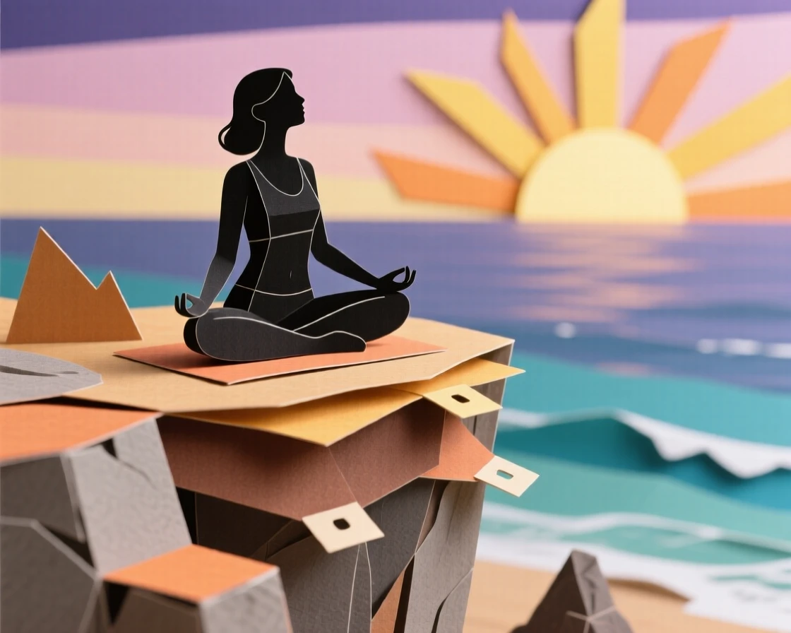 A woman practicing yoga on a cliffside overlooking the ocean at sunrise, her silhouette calm against the glowing horizon, capturing peace and inner balance.
