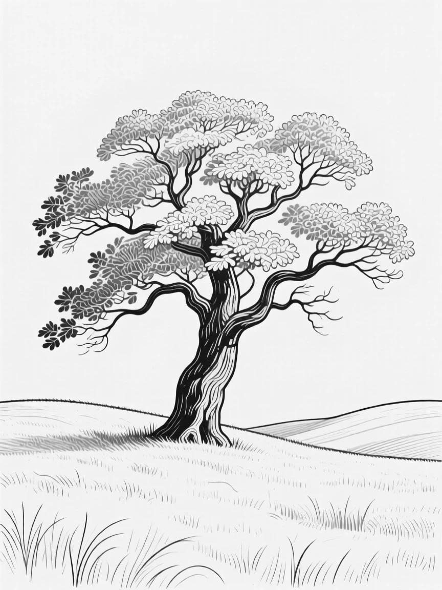 A single ancient oak tree standing alone in a rolling meadow