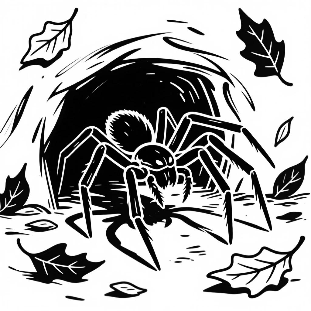 A wolf spider guarding its den entrance among fallen leaves.