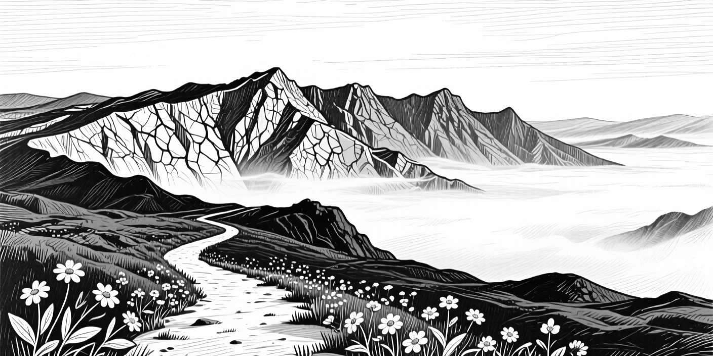 A volcanic ridge as fog rolls slowly across the valley, with scattered wildflowers along the path, evoking a quietly majestic atmosphere in a wide, balanced composition.