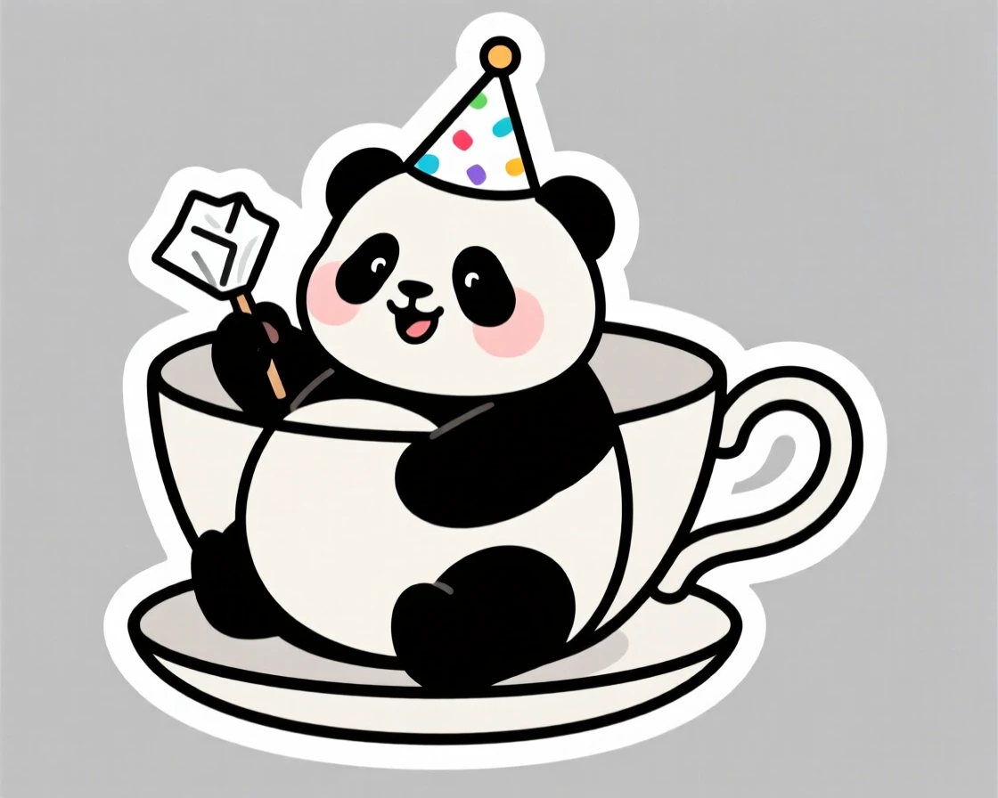 A playful round-bellied panda cub holding a paper party hat, inside a giant teacup.