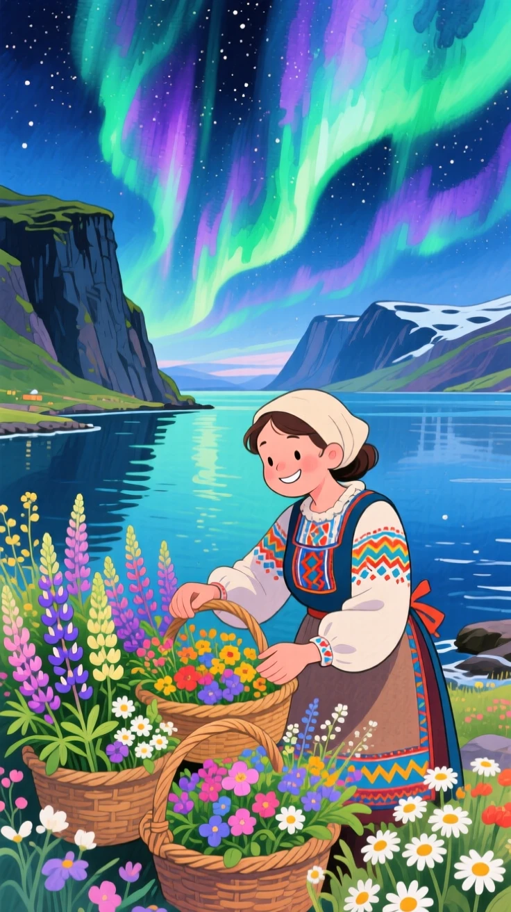 A local vendor arranges baskets of fresh flowers amid the Northern Lights dancing above an Icelandic fjord, radiating cultural warmth and beauty.