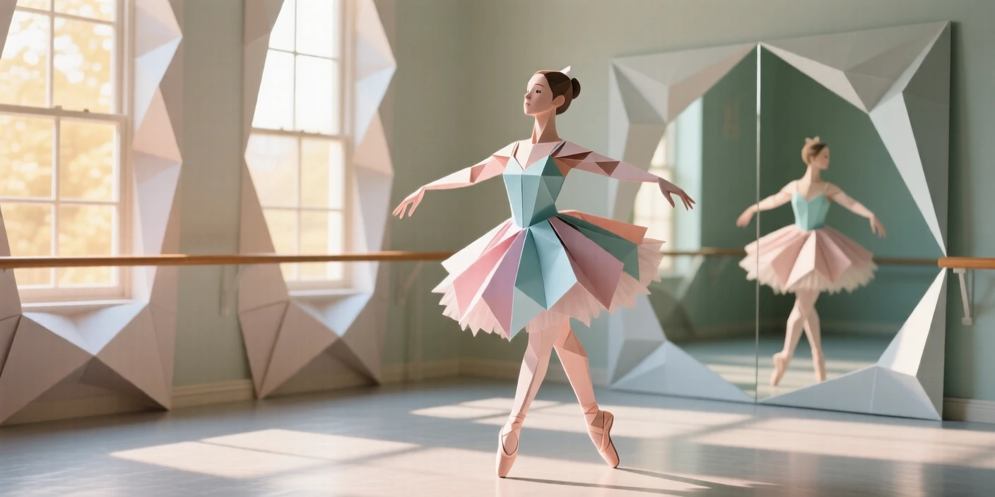 A young ballerina practicing a pirouette in a sunlit studio, mirror reflecting her determined focus.