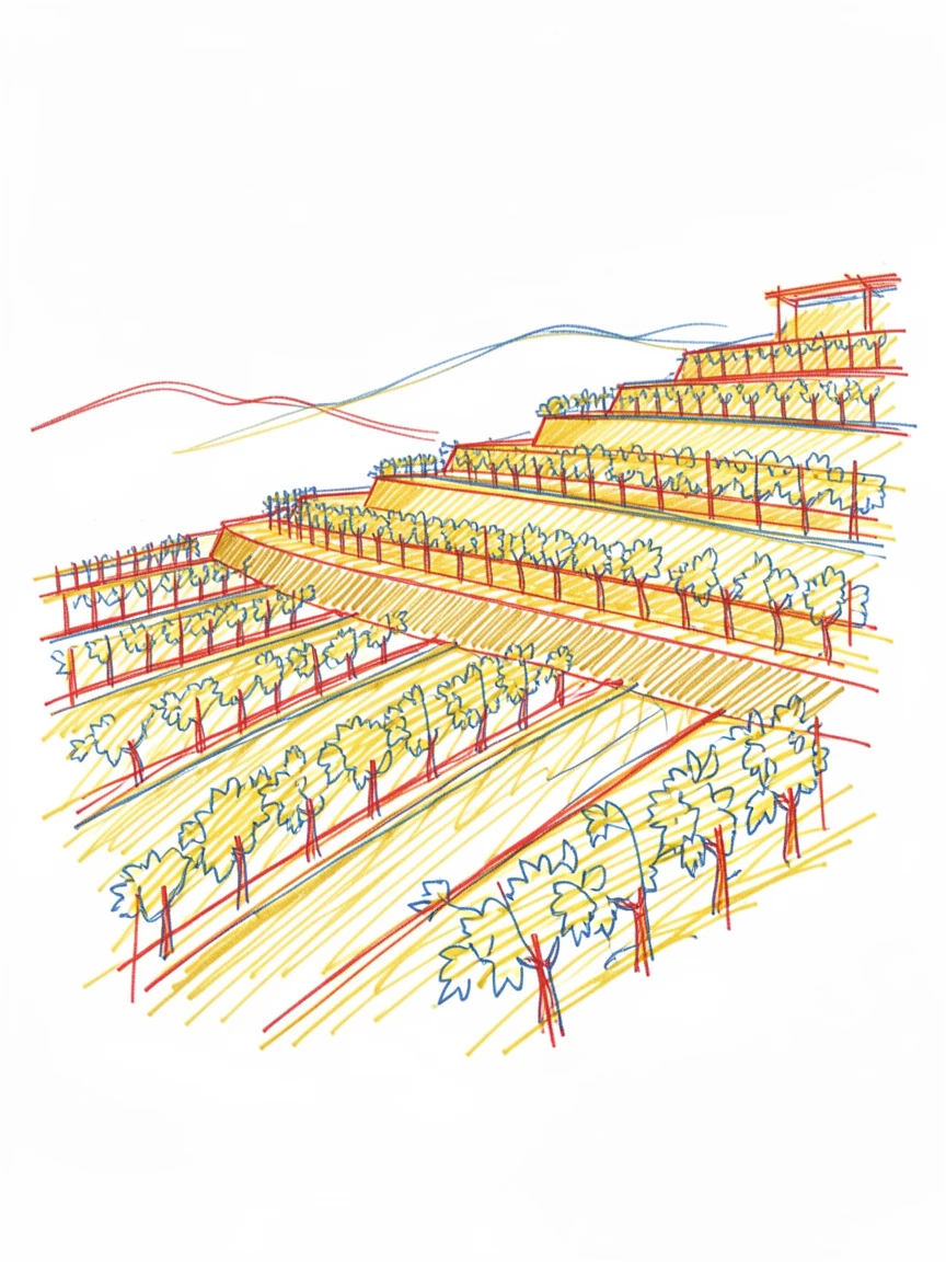 A terraced hillside vineyard glowing gold in late afternoon light