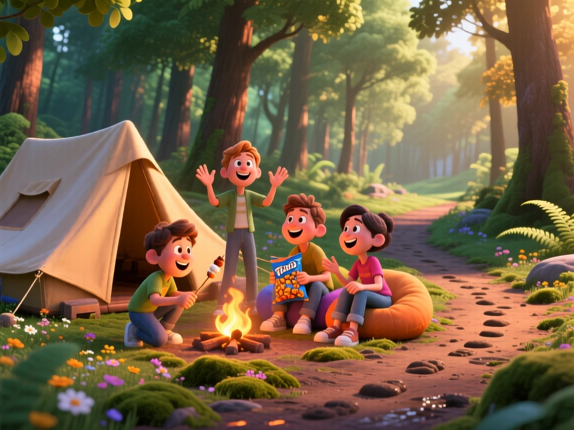 A group of friends camping in a backyard tent takes place along a quiet forest trail dappled with light, with a trail of muddy footprints leading away. The atmosphere feels fun, spirited, and full of laughter.