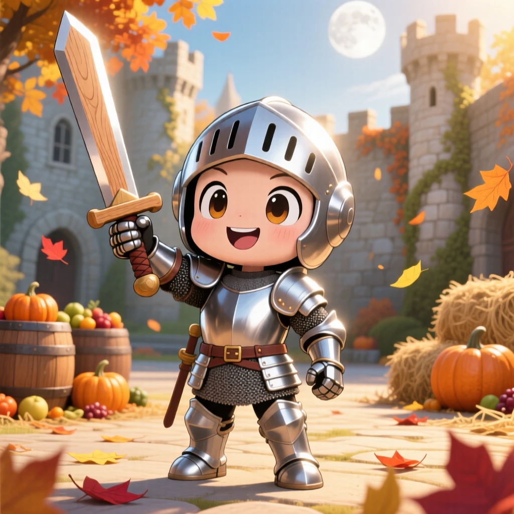Waist-up portrait: a small knight in shining armor, raising a wooden practice sword triumphantly, set against a sunlit castle courtyard during golden autumn harvest season, with soft moonlight and a mood of eager anticipation.