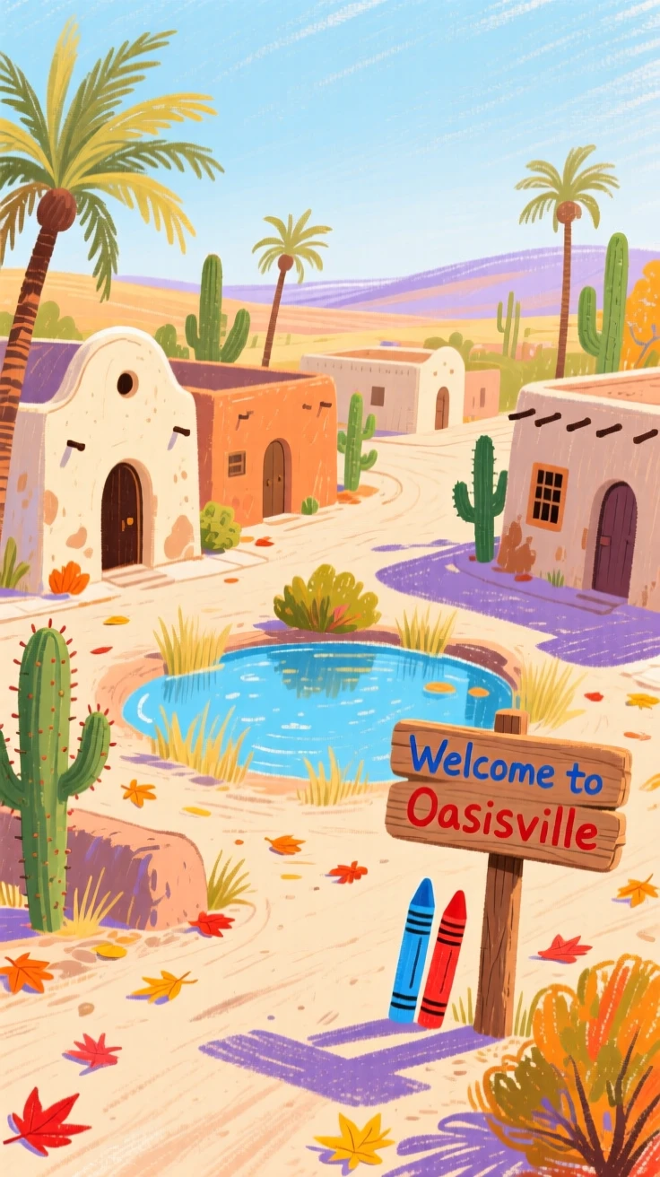 A view of a desert oasis town dusted with autumn leaves along its streets.