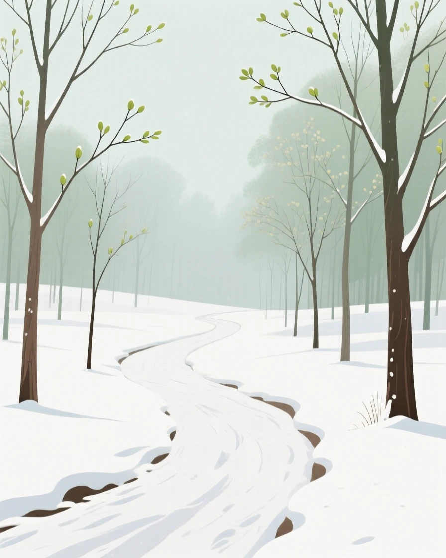 A peaceful spring forest path covered in fresh snow, leading into the distance.