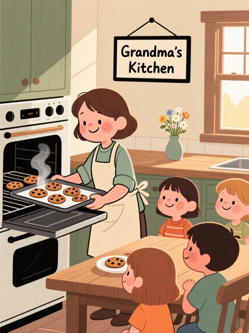 A young baker pulls a tray of chocolate chip cookies from the oven in a sunlit farmhouse kitchen, steam rising as children wait eagerly at the table.