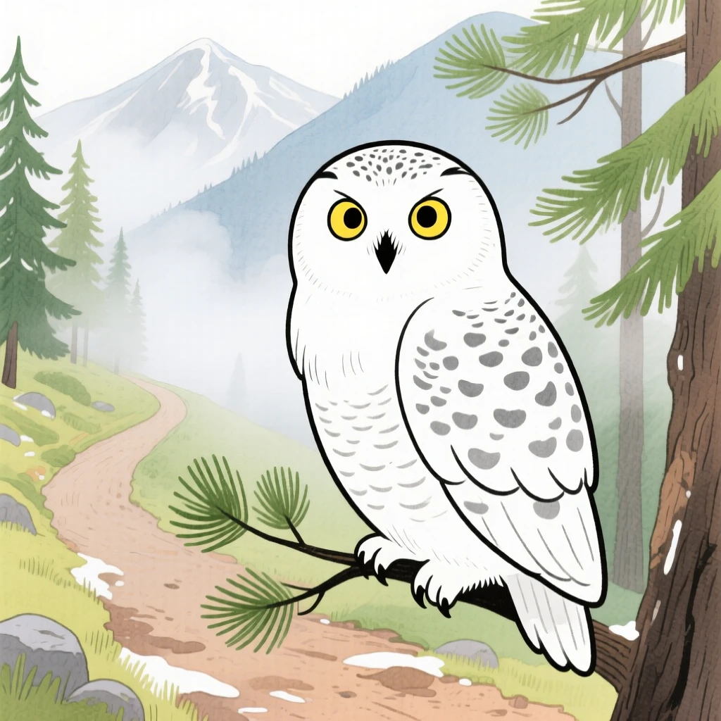 A close-up portrait of a snowy owl in a misty mountain trail.