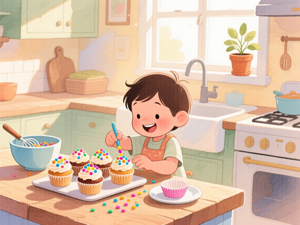 A child decorating cupcakes with colorful sprinkles at the kitchen counter, filled with the warmth of a home-cooked welcome.