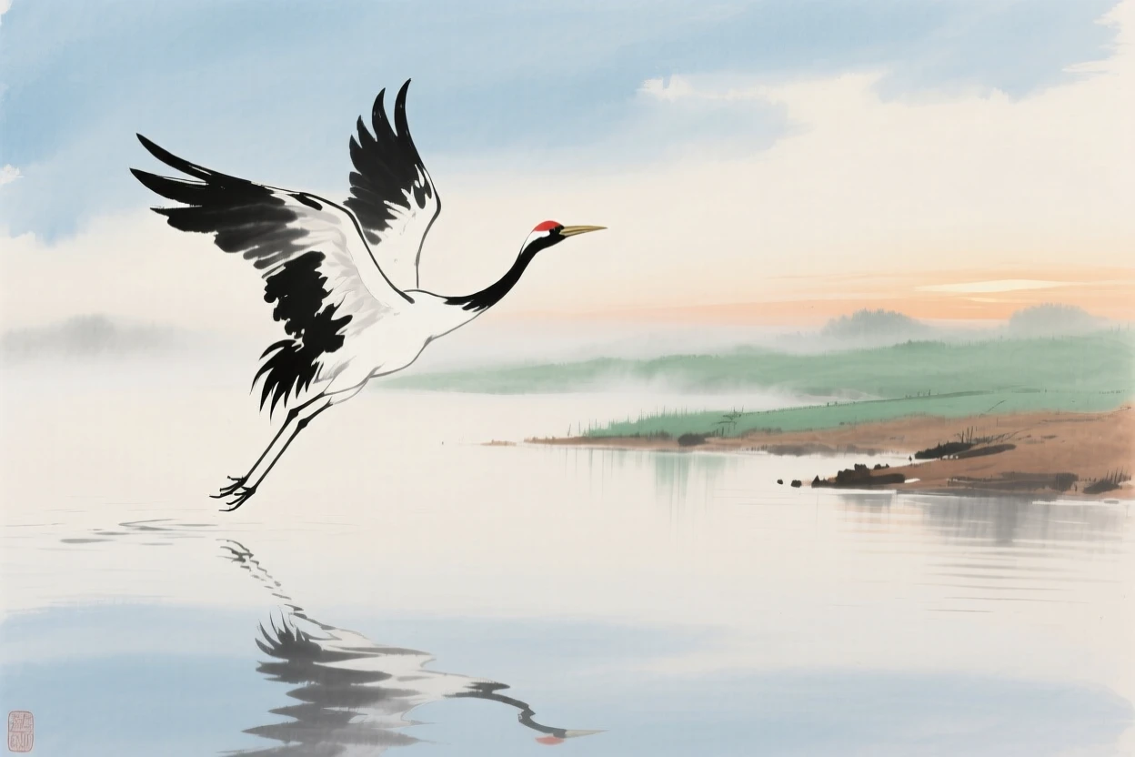 A lone crane taking flight over a still lake at dawn, radiating gentle serenity, through a light drifting mist.