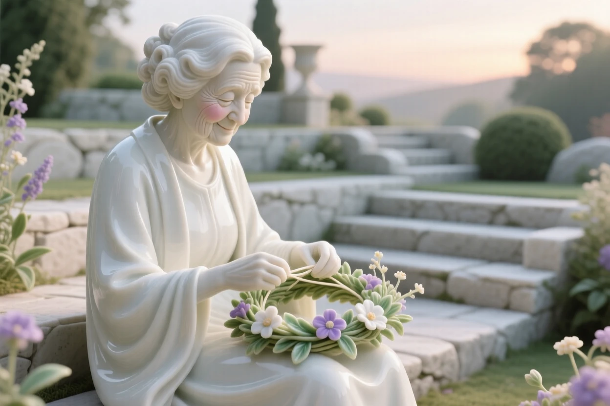 A elderly poet weaving a wreath of wildflowers, a faint, knowing smile on her lips, in a terraced garden at dawn.